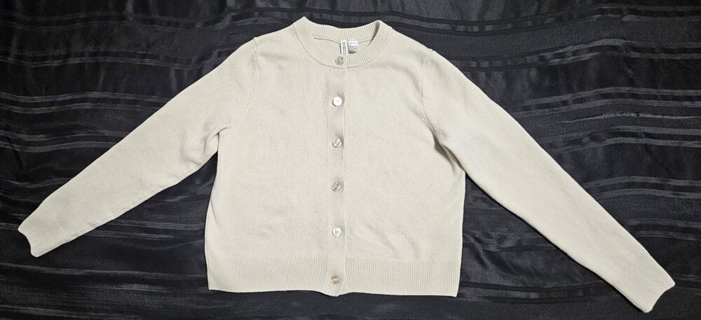 H&M DIVIDED Beige Fine Knit Crewneck Cardigan Sweater Button Front Women's Sz L